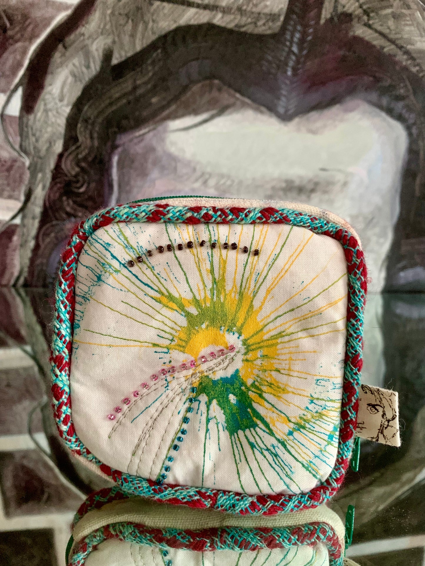 Portable Pocket Graffiti Zip Pouch: green and yellow Spirograph