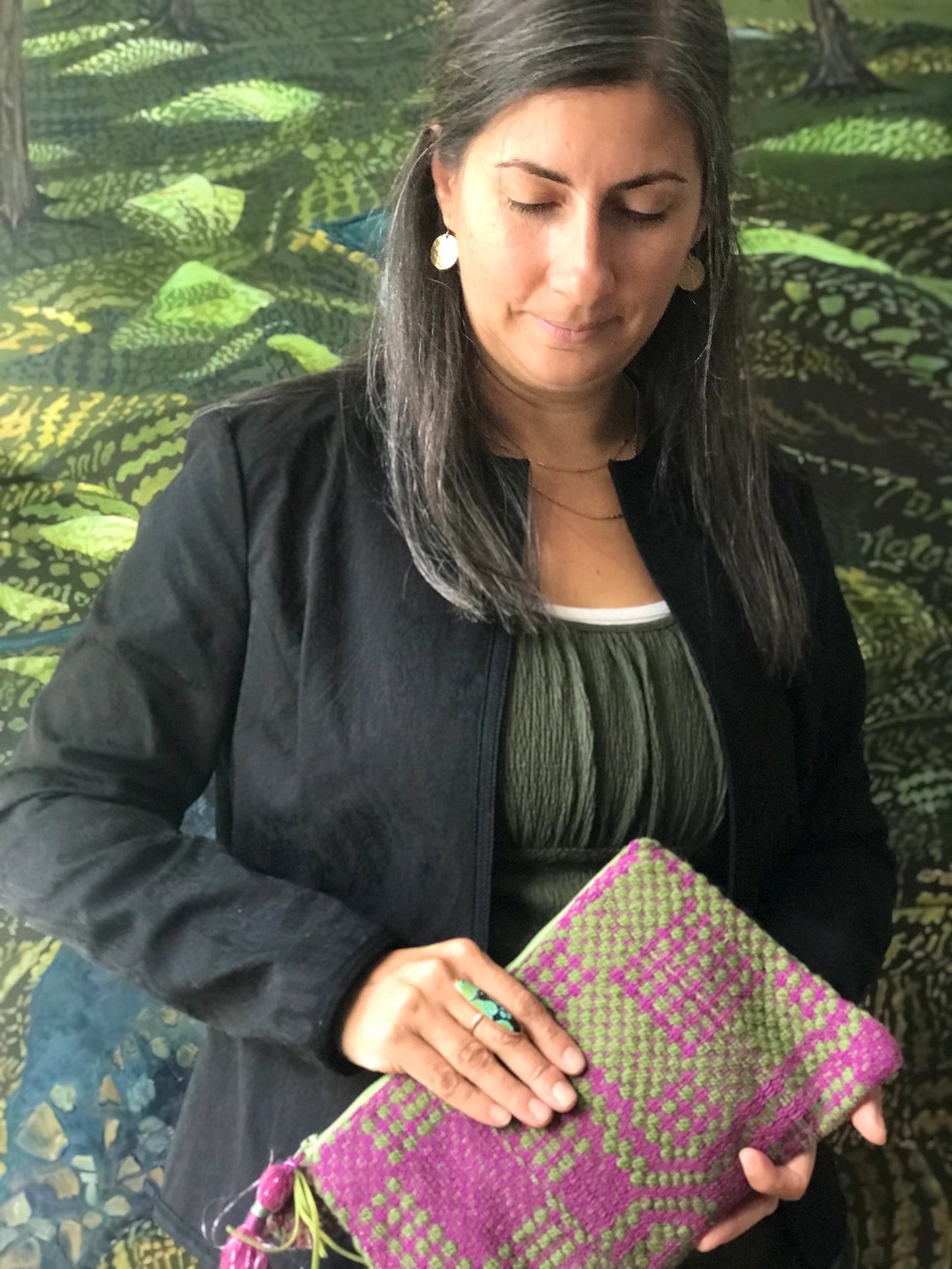 Zipper Clutch: Fuchsia and Lime-with pom-poms and tassel