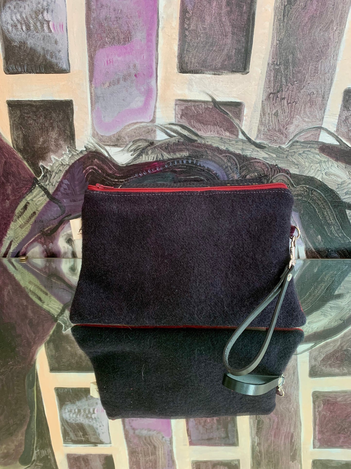 Zipper Clutch: red and black-with black leather wristlet