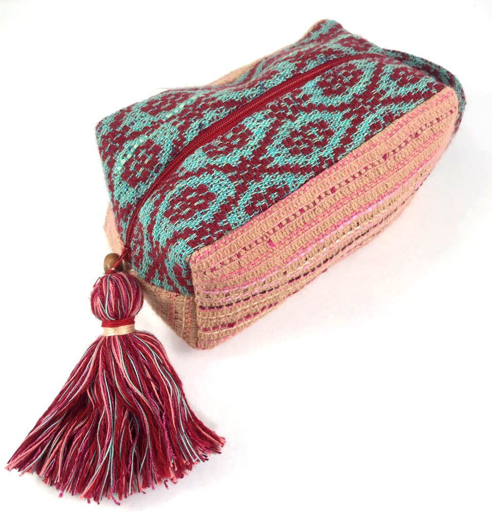 Box Style Zipper Case: Pink and Beige with Red and Green Contrast