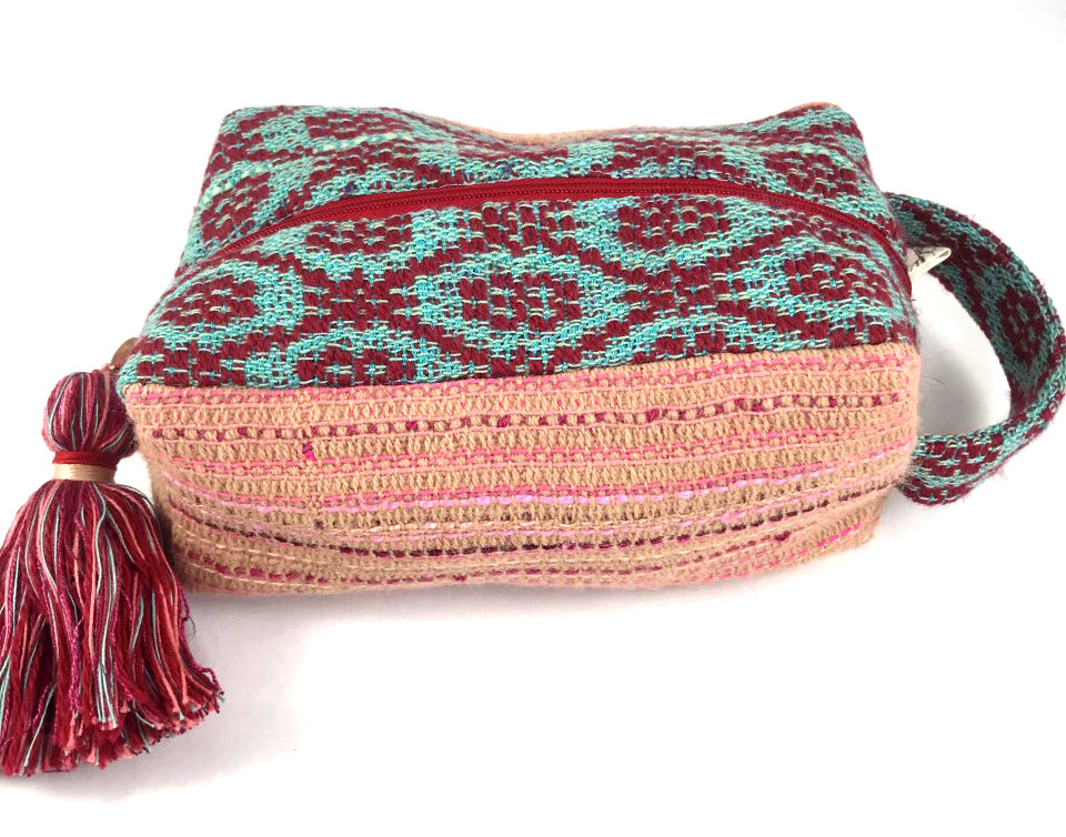 Box Style Zipper Case: Pink and Beige with Red and Green Contrast