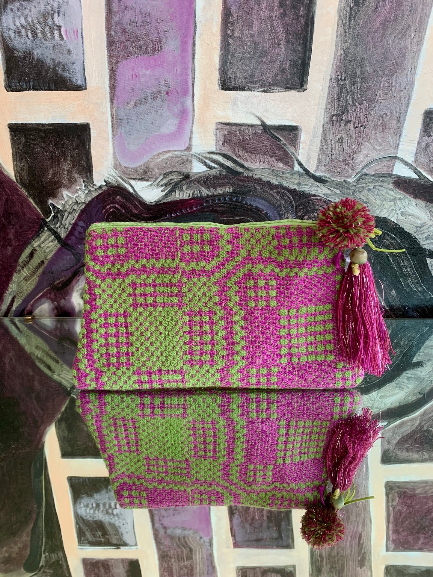 Zipper Clutch: Fuchsia and Lime-with pom-poms and tassel