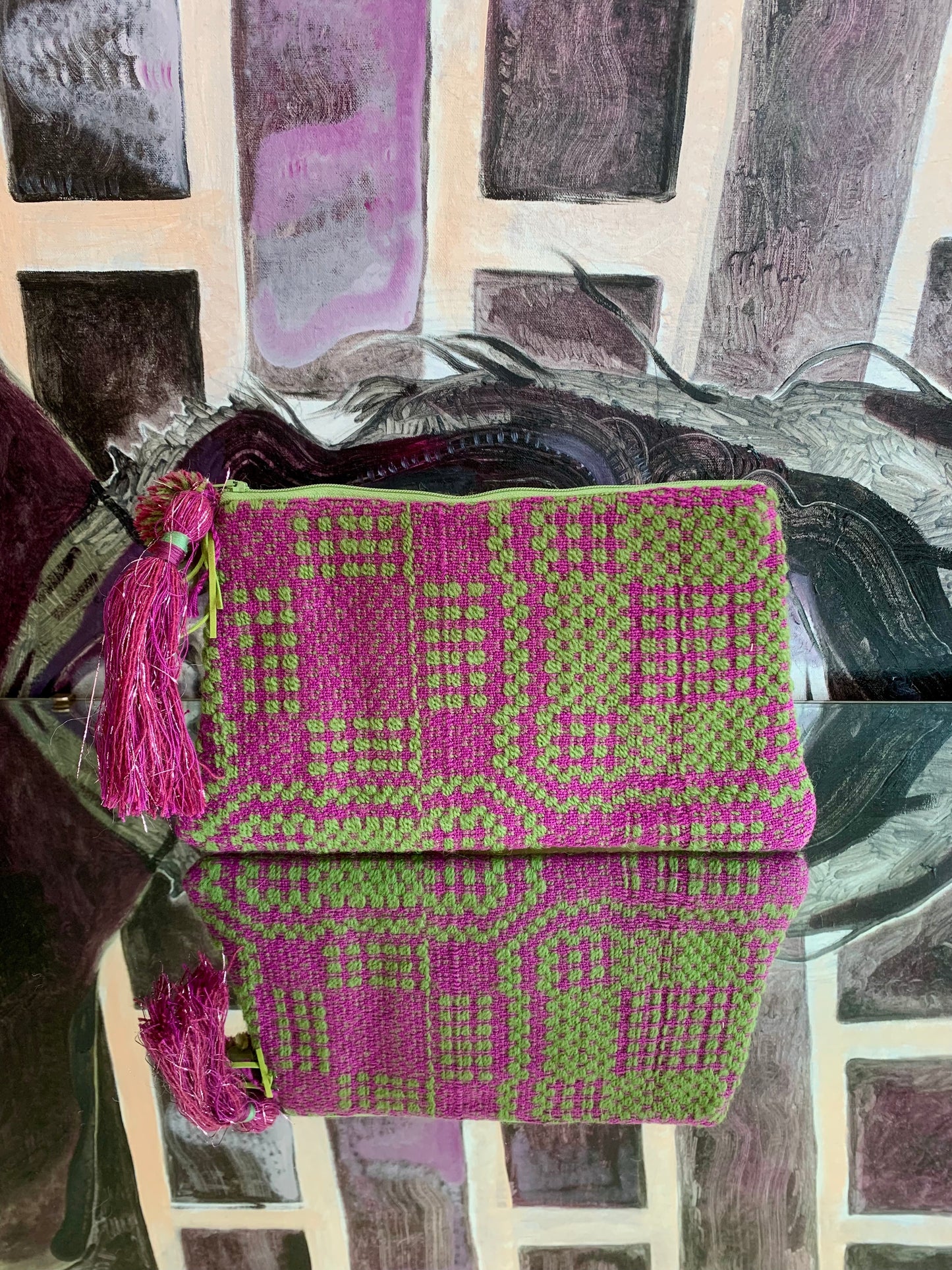 Zipper Clutch: Fuchsia and Lime-with pom-poms and tassel