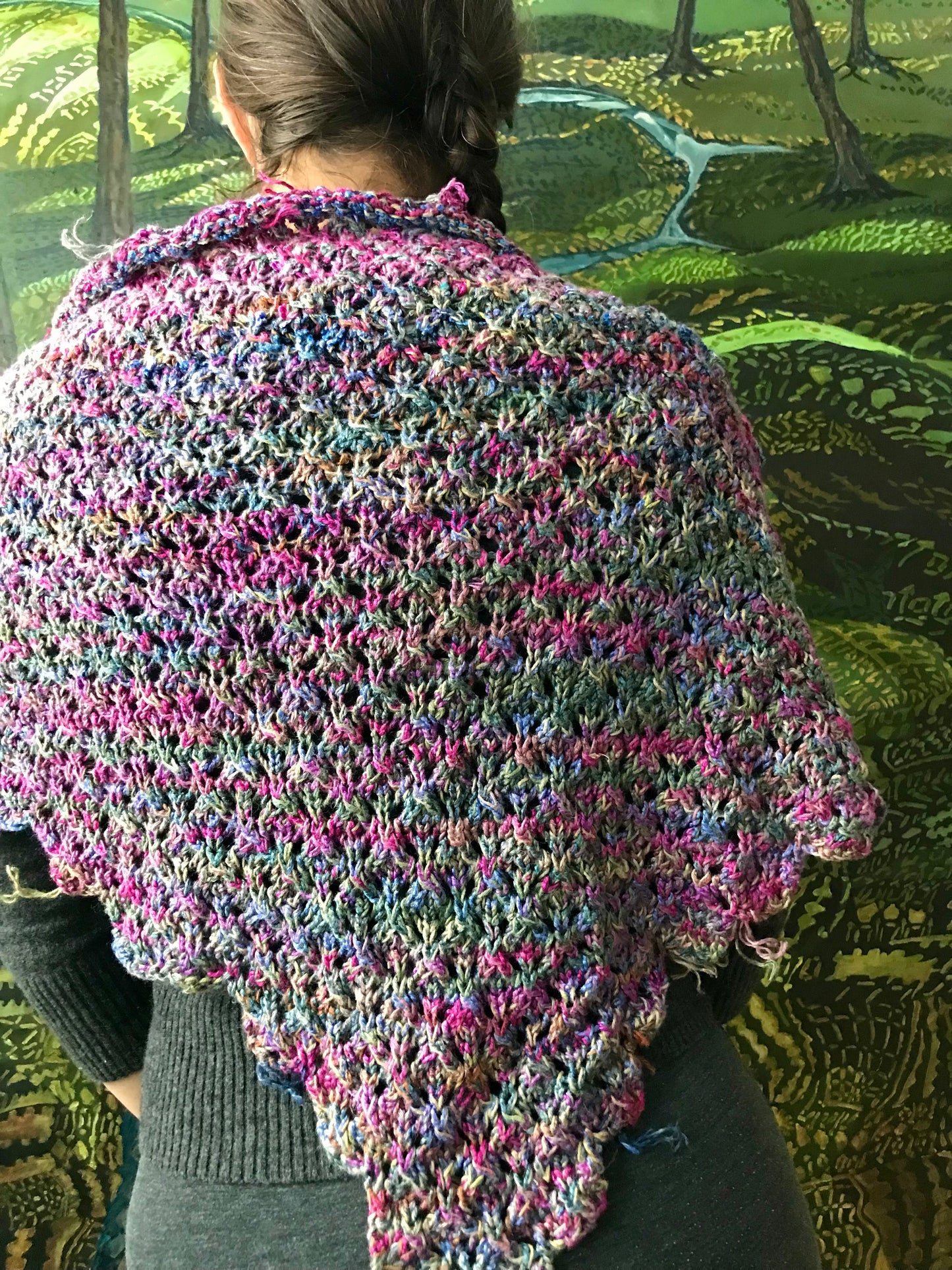 Knit hand-dyed linen lace shawl