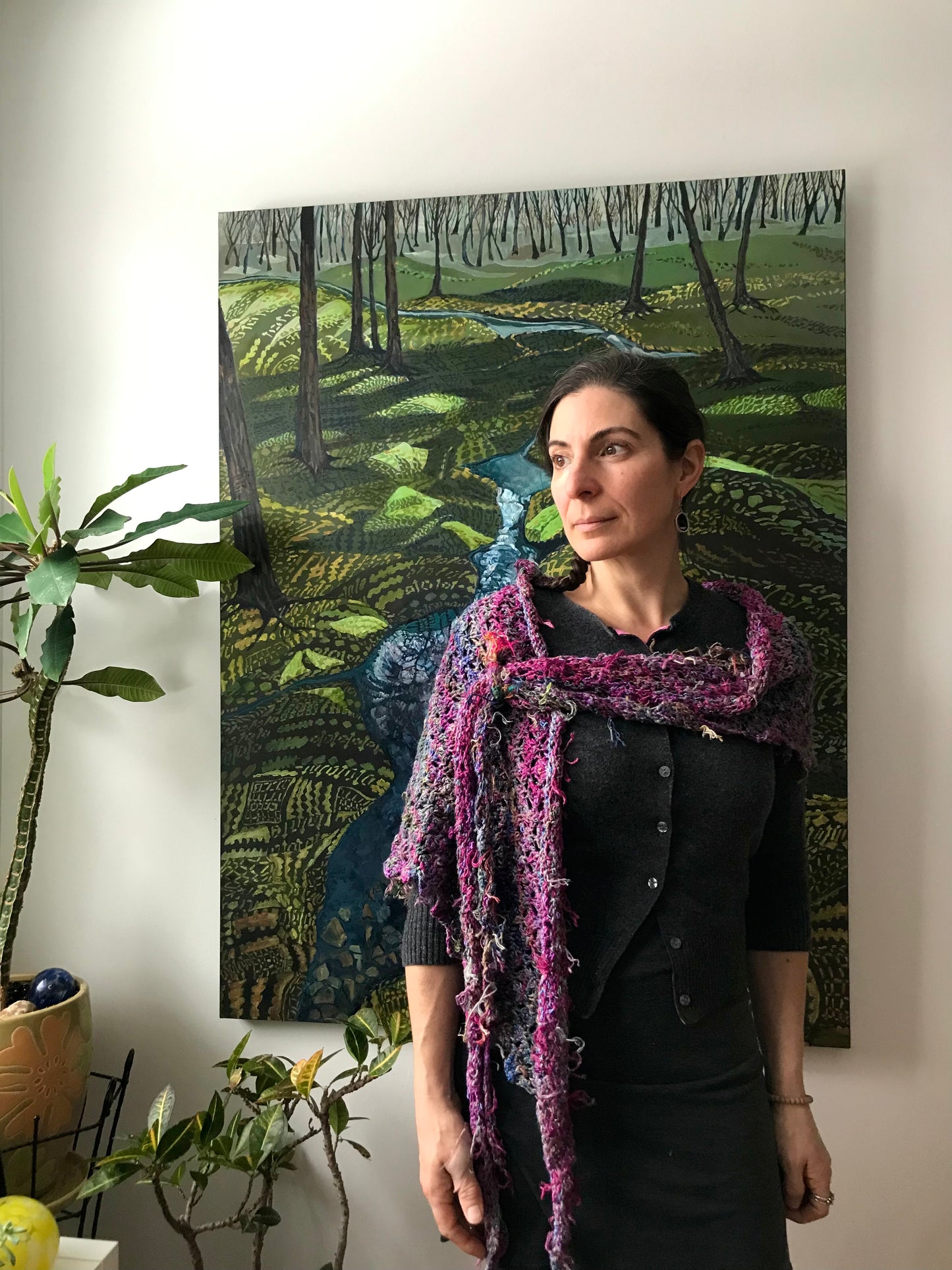 Knit hand-dyed linen lace shawl