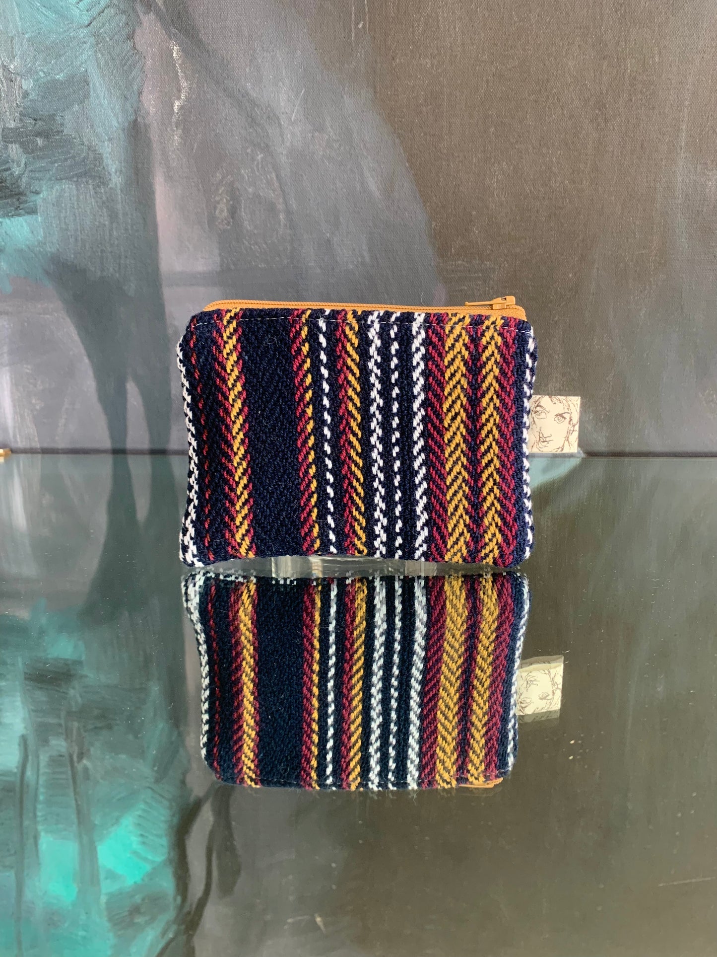 Portable pocket: square zipper pouch navy, gold, burgundy twill