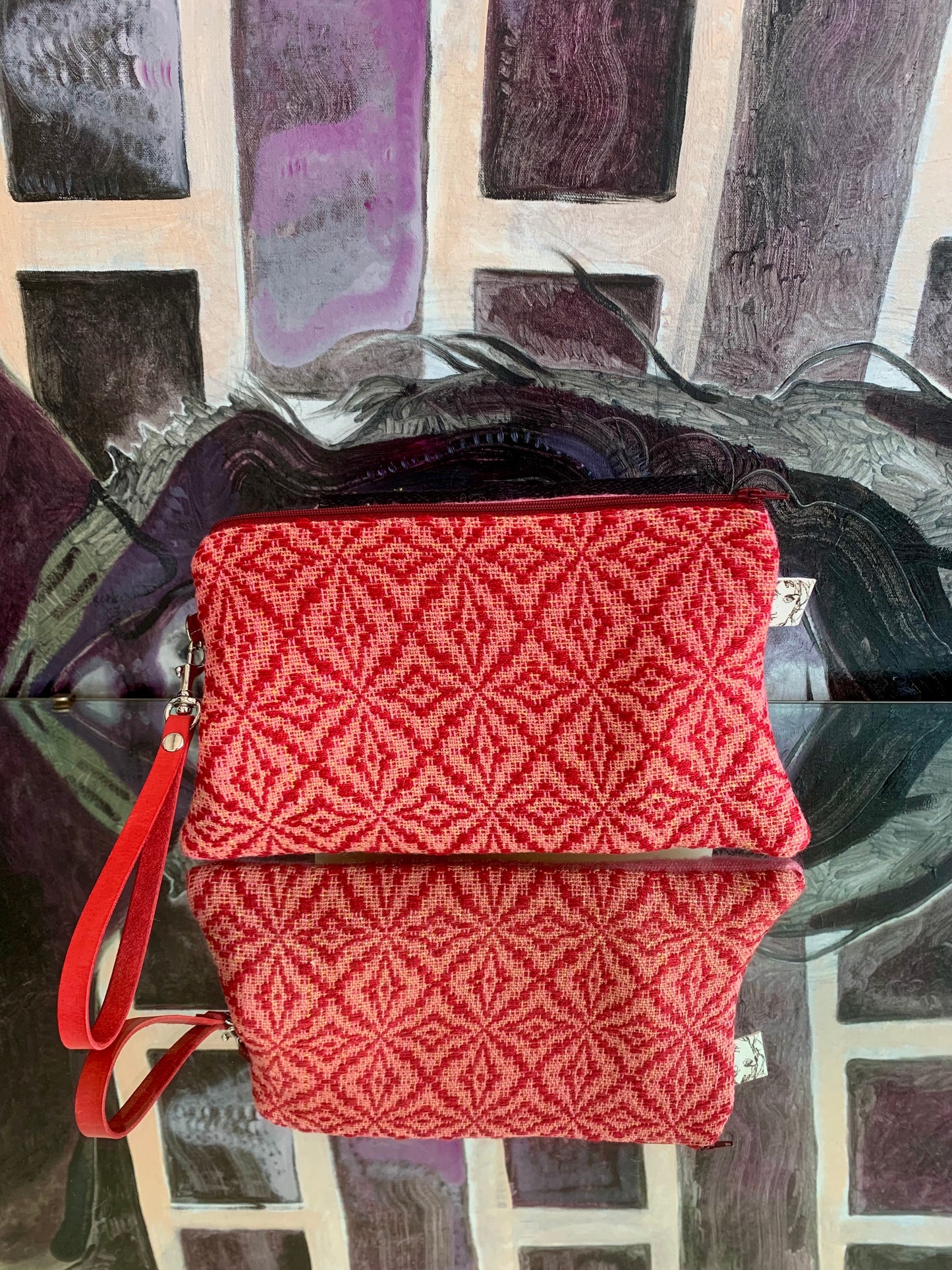 Zipper Clutch: pink and red overshot-with red leather wristlet
