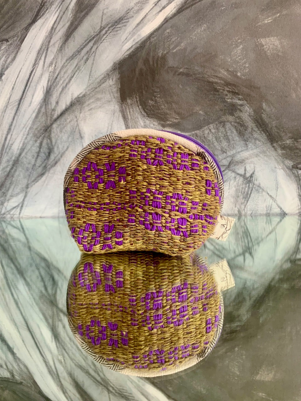 Portable pocket: round zipper- pouch purple and green abstract overshot
