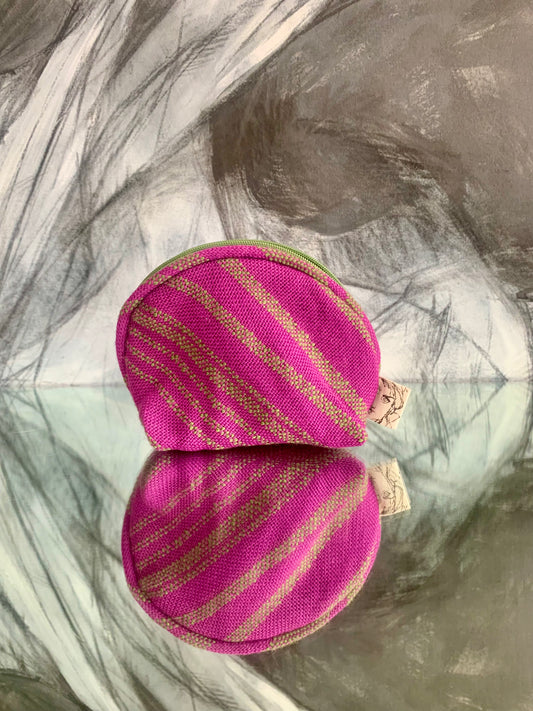 Portable pocket: round zipper pouch- fuchsia and green diagonal stripes