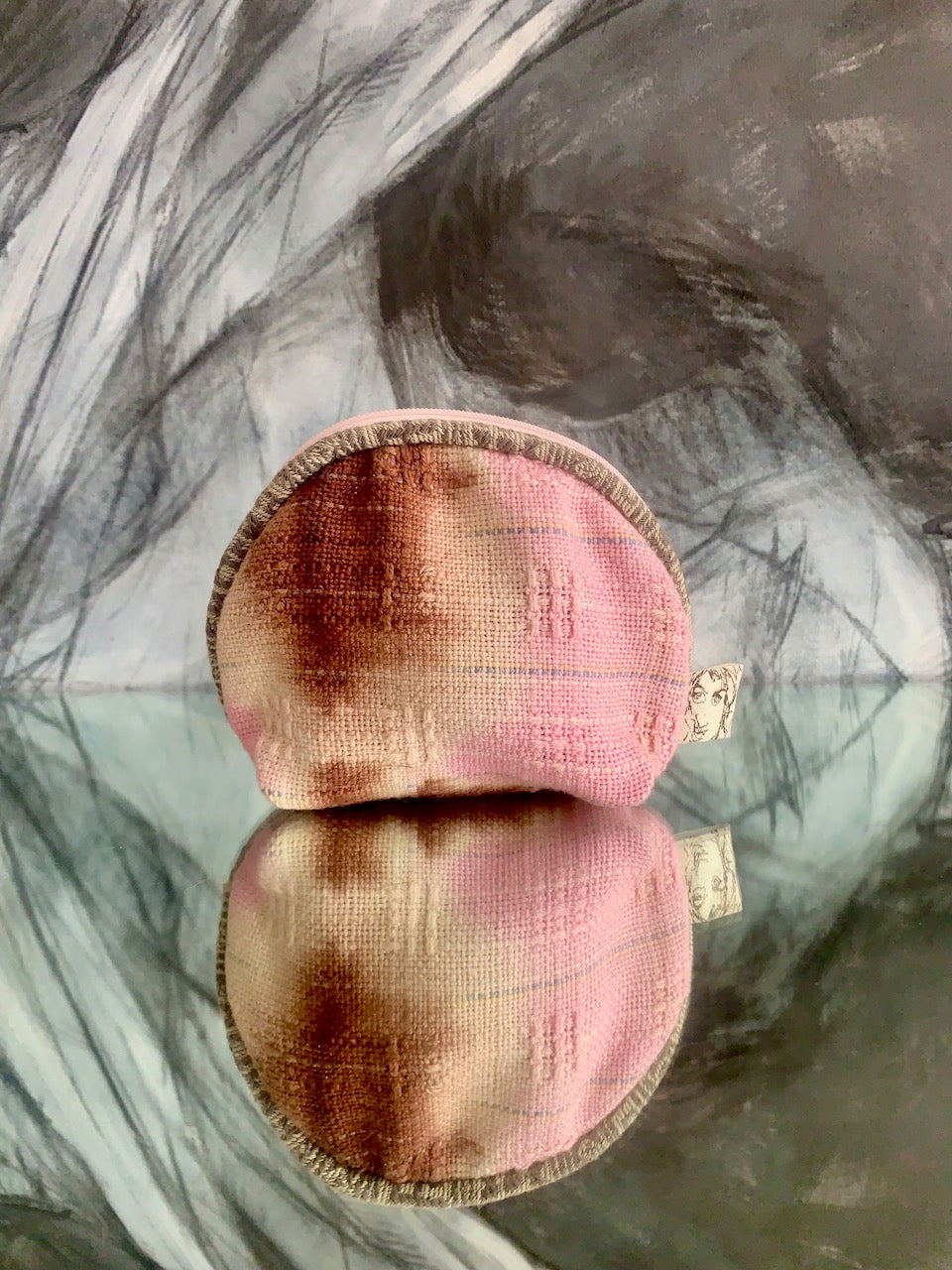 Portable pocket: round zipper pouch- pink and brown over-dyed huck weave