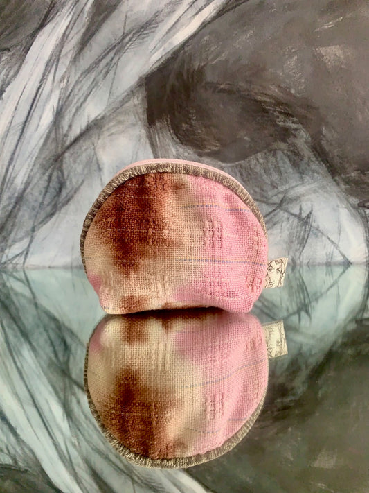 Portable pocket: round zipper pouch- pink and brown over-dyed huck weave