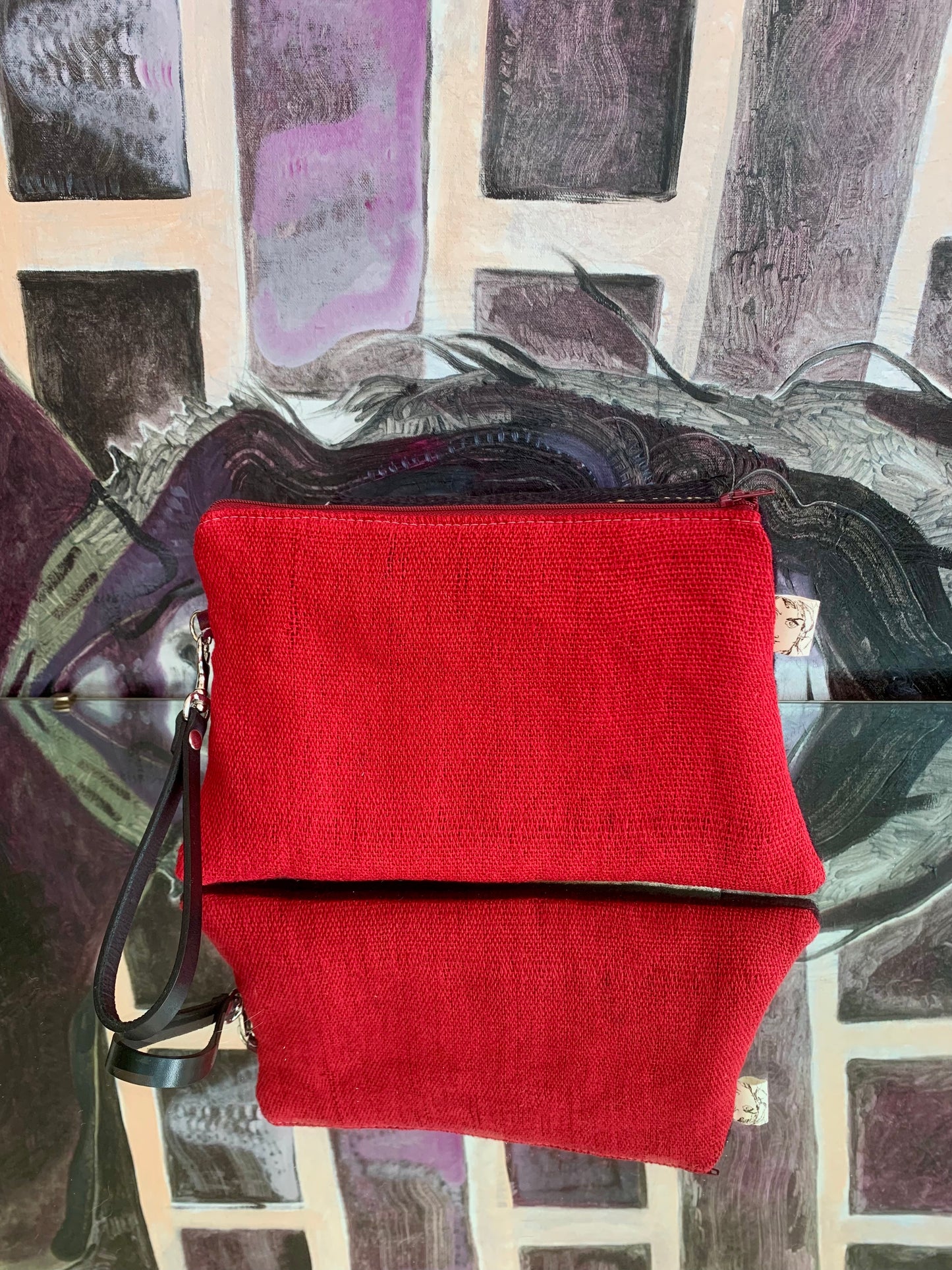 Zipper Clutch: red and black-with black leather wristlet