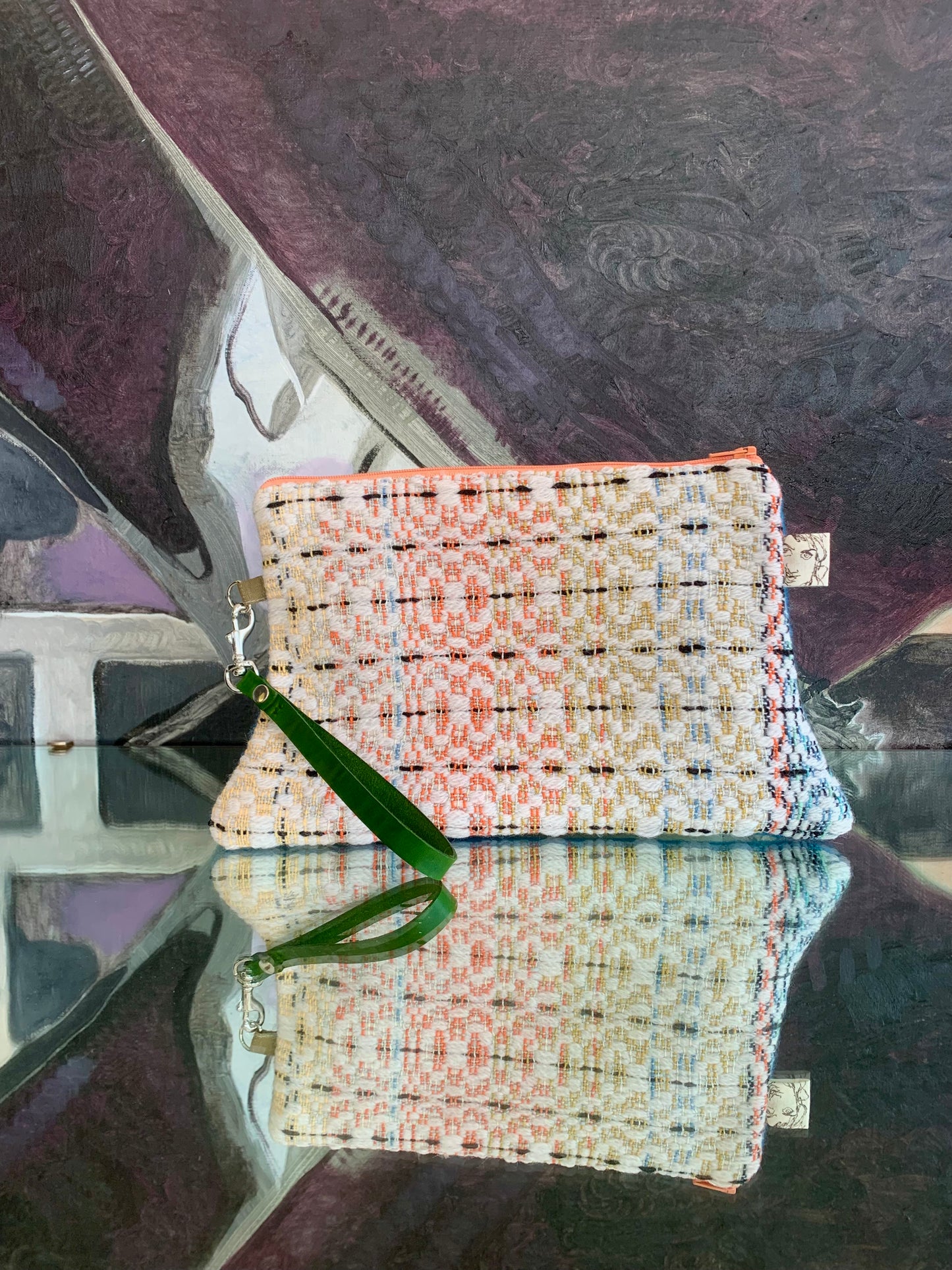 Zipper Clutch: Sunrise overshot- with green leather wristlet