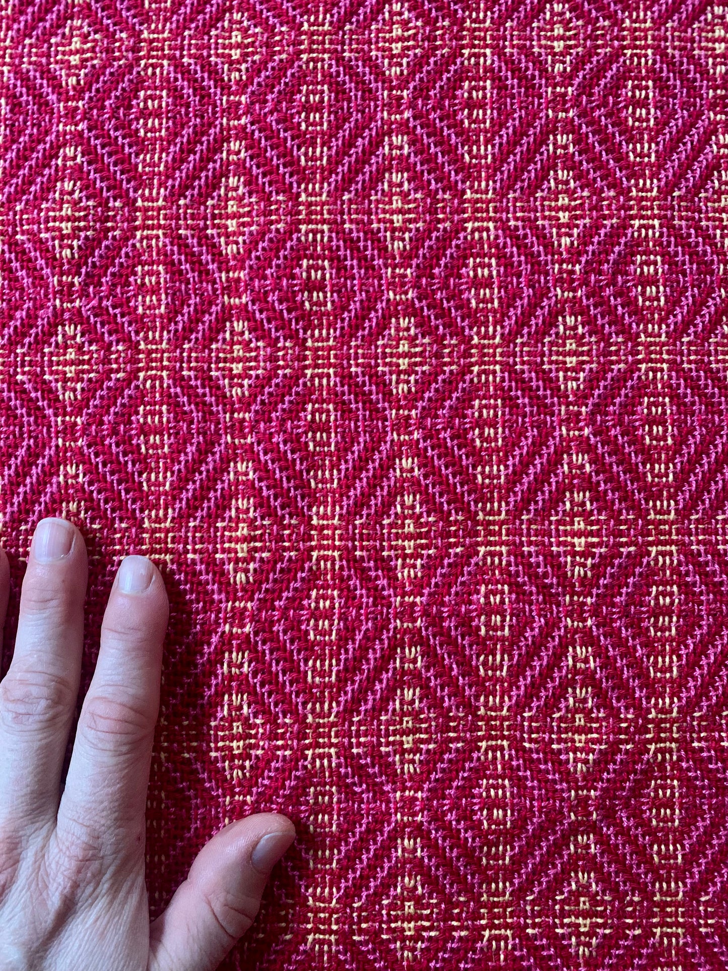 Handwoven fabric by the meter- Pink, red and yellow shadow weave