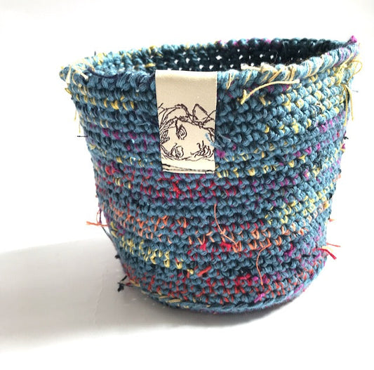 Blue: Small Round Hand Crocheted Basket
