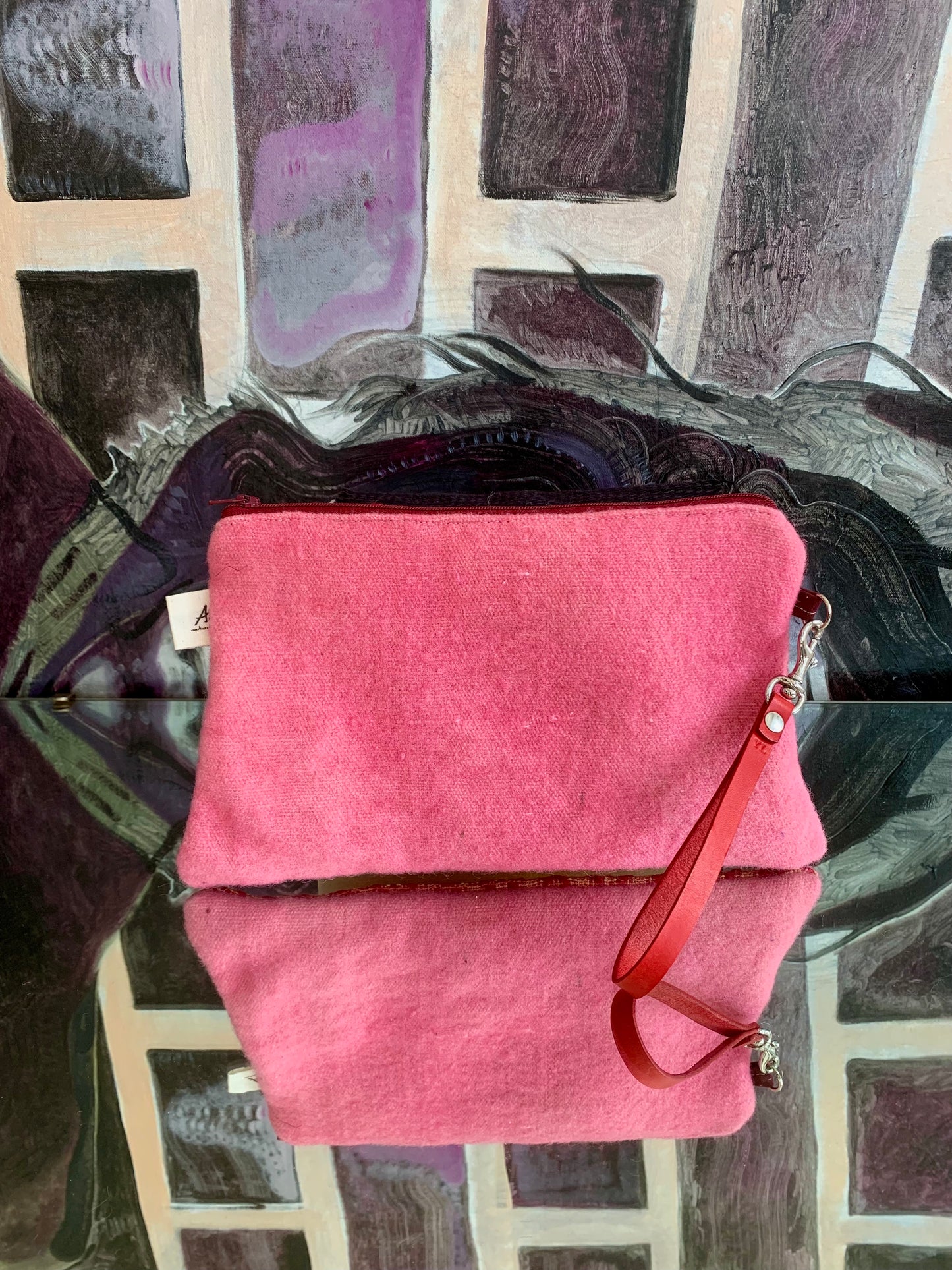 Zipper Clutch: pink and red overshot-with red leather wristlet