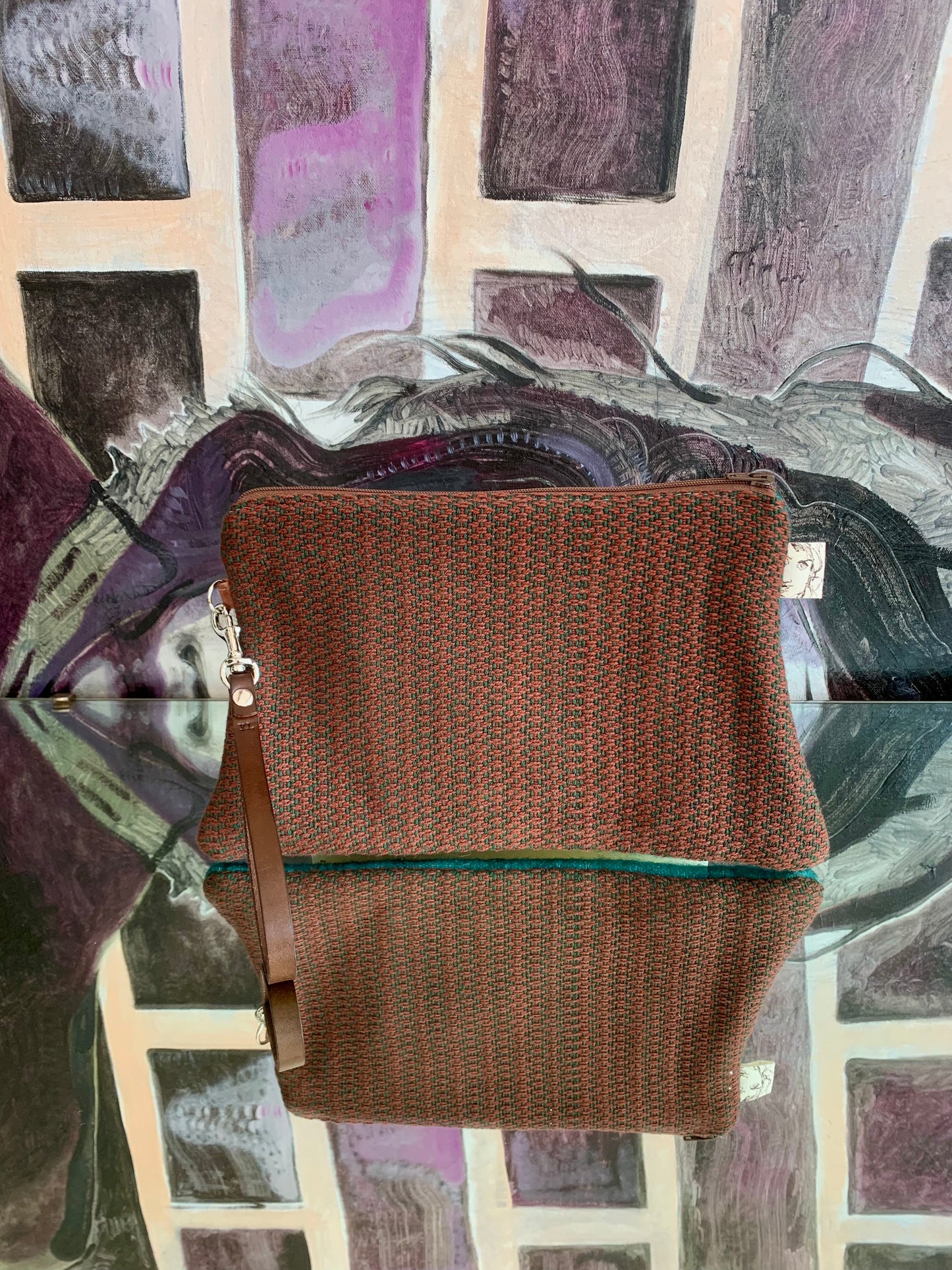 Zipper Clutch: rust and green diamond weave- with brown leather wristlet