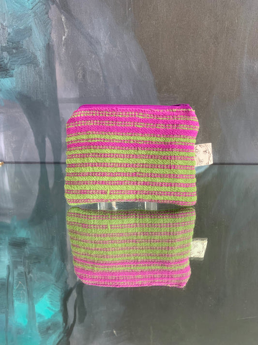 Portable pocket: square zipper pouch, magenta and lime stripes
