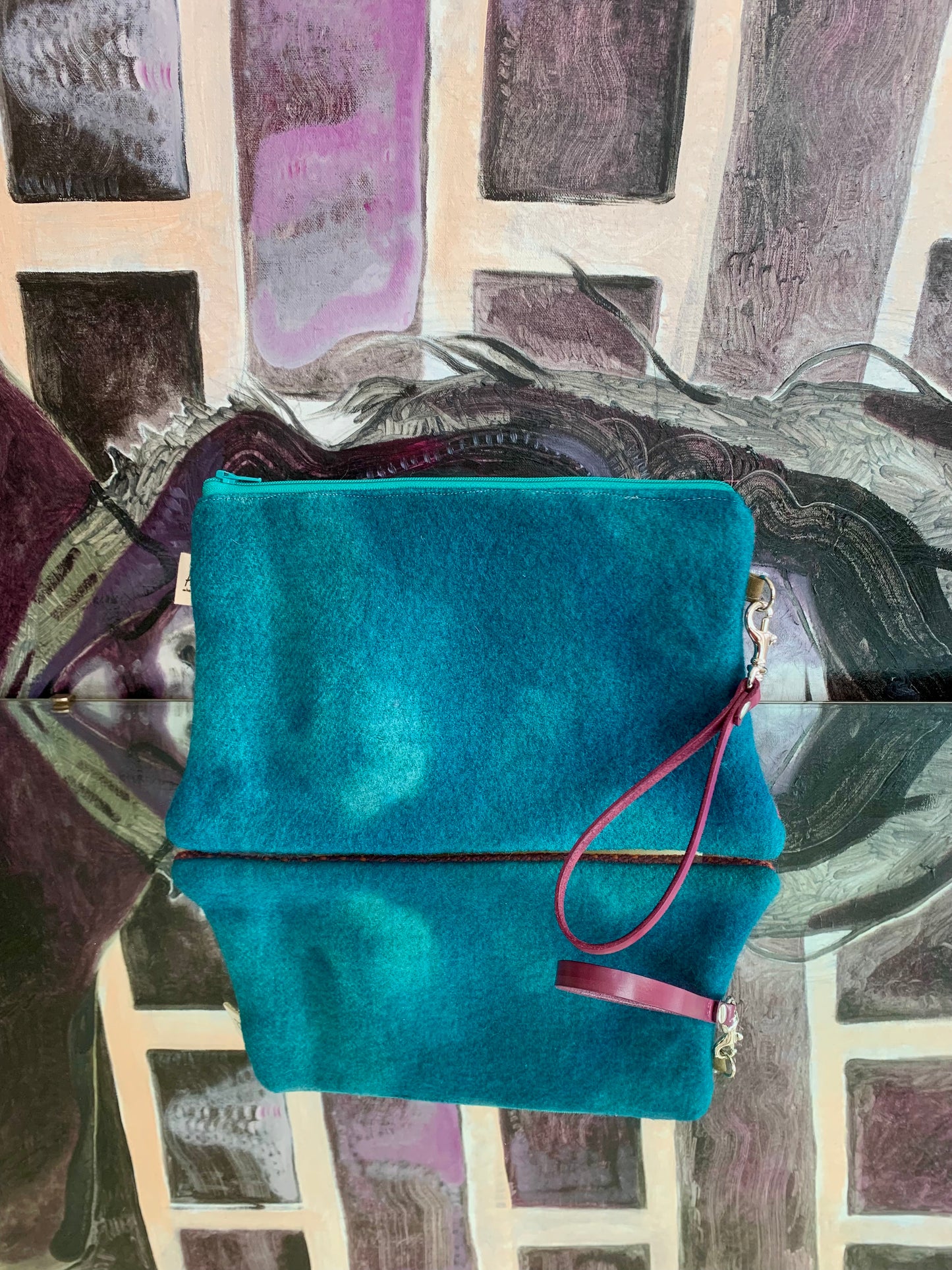 Zipper Clutch: plum and teal- with plum leather wristlet