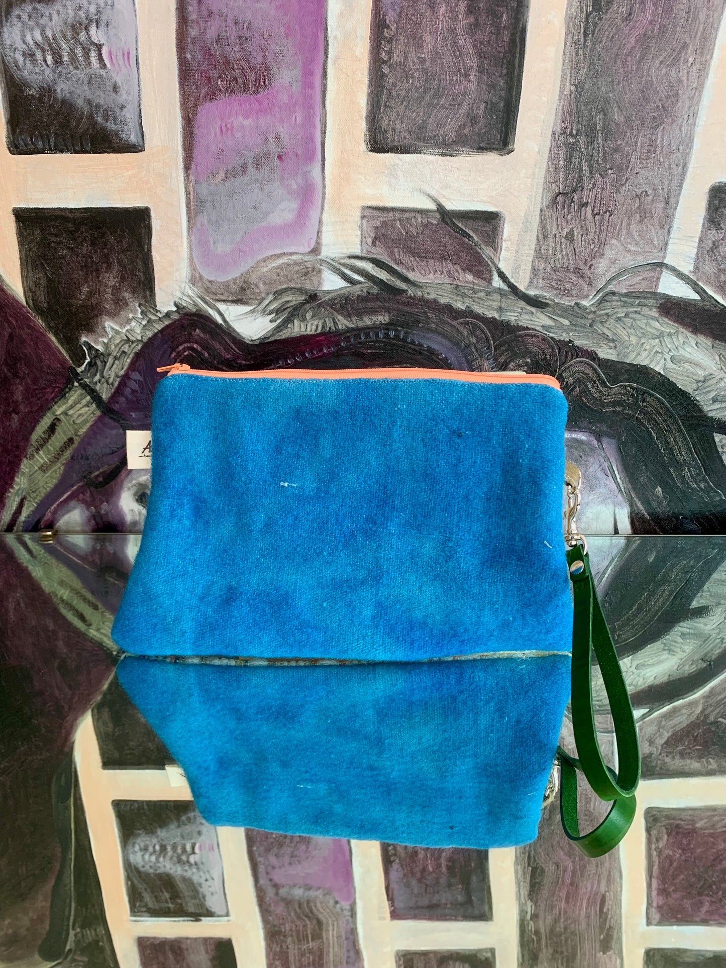Zipper Clutch: Sunrise overshot- with green leather wristlet